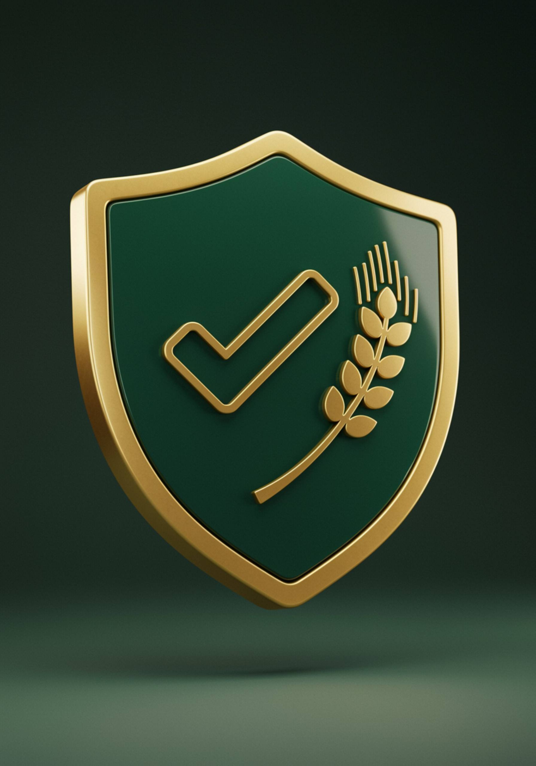 "Icono moderno de profesionalidad con escudo metálico, marca de verificación verde y espiga de trigo en un diseño minimalista en tonos verde profundo y dorado."
