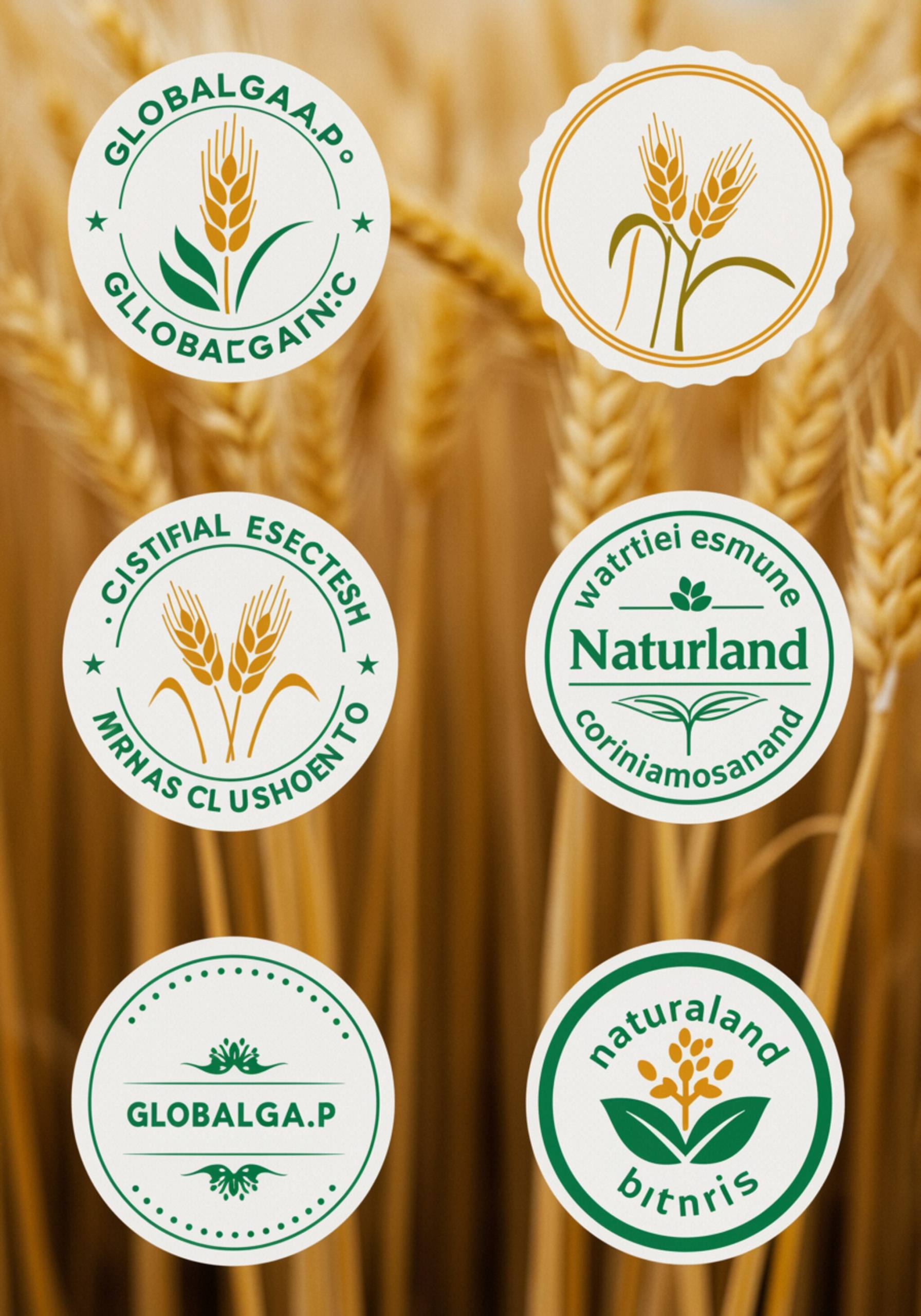 "Collage gráfico limpio de sellos de certificación GLOBALG.A.P., Biosuisse y Naturland, con espigas estilizadas y acentos verdes sobre fondo blanco, que representan credibilidad y diversidad de estándares."