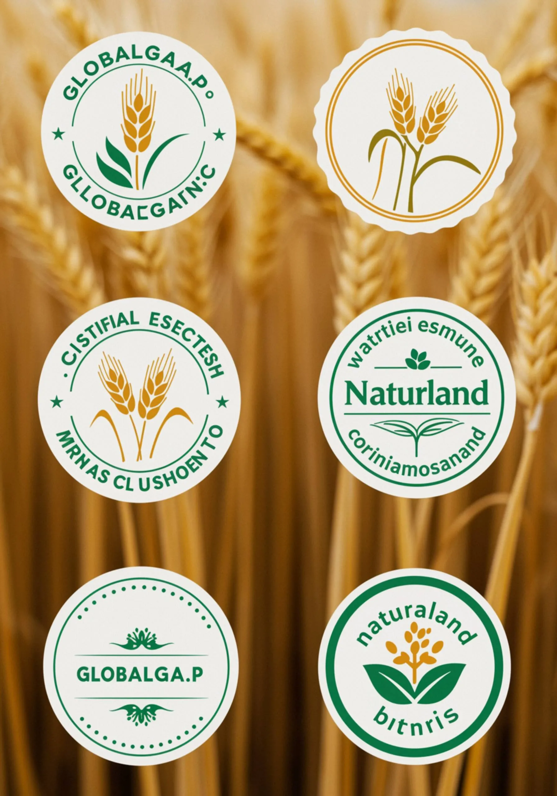 imagen14 "Collage gráfico limpio de sellos de certificación GLOBALG.A.P., Biosuisse y Naturland, con espigas estilizadas y acentos verdes sobre fondo blanco, que representan credibilidad y diversidad de estándares."