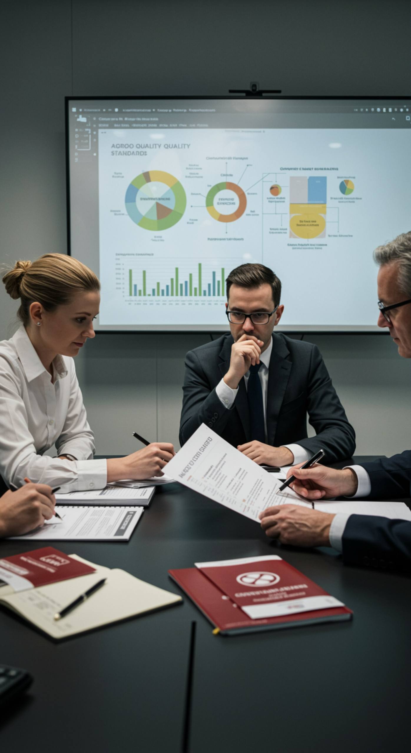 "Reunión profesional de consultores revisando planes de implementación de calidad en una oficina moderna, con tablets y diagramas de estándares agrocalidad."