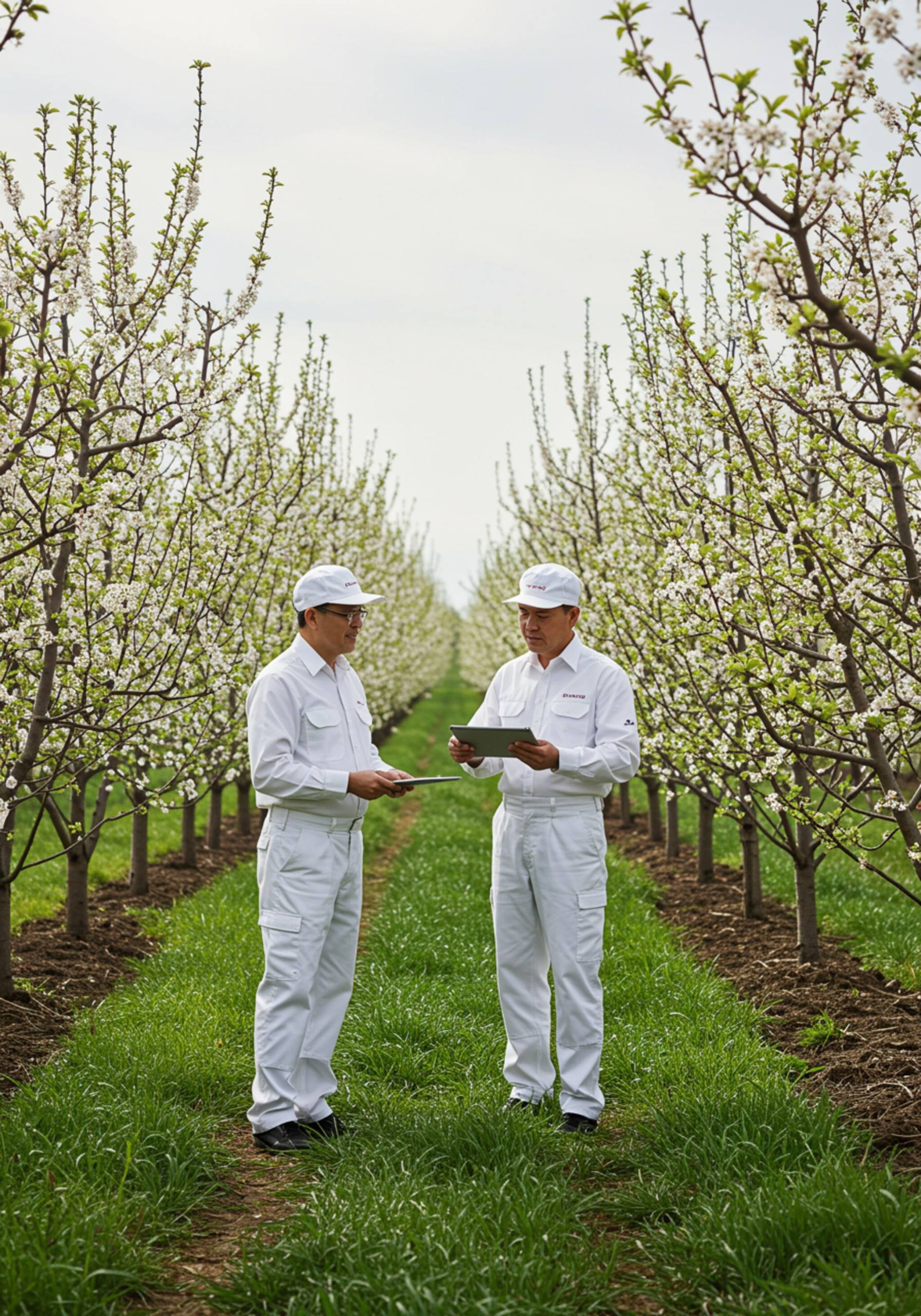 "Expertos agrícolas guiando trabajadores en una granja primaveral con árboles frutales en flor y un tablet que muestra 'Grasp spring', destacando la gestión de calidad sostenible."