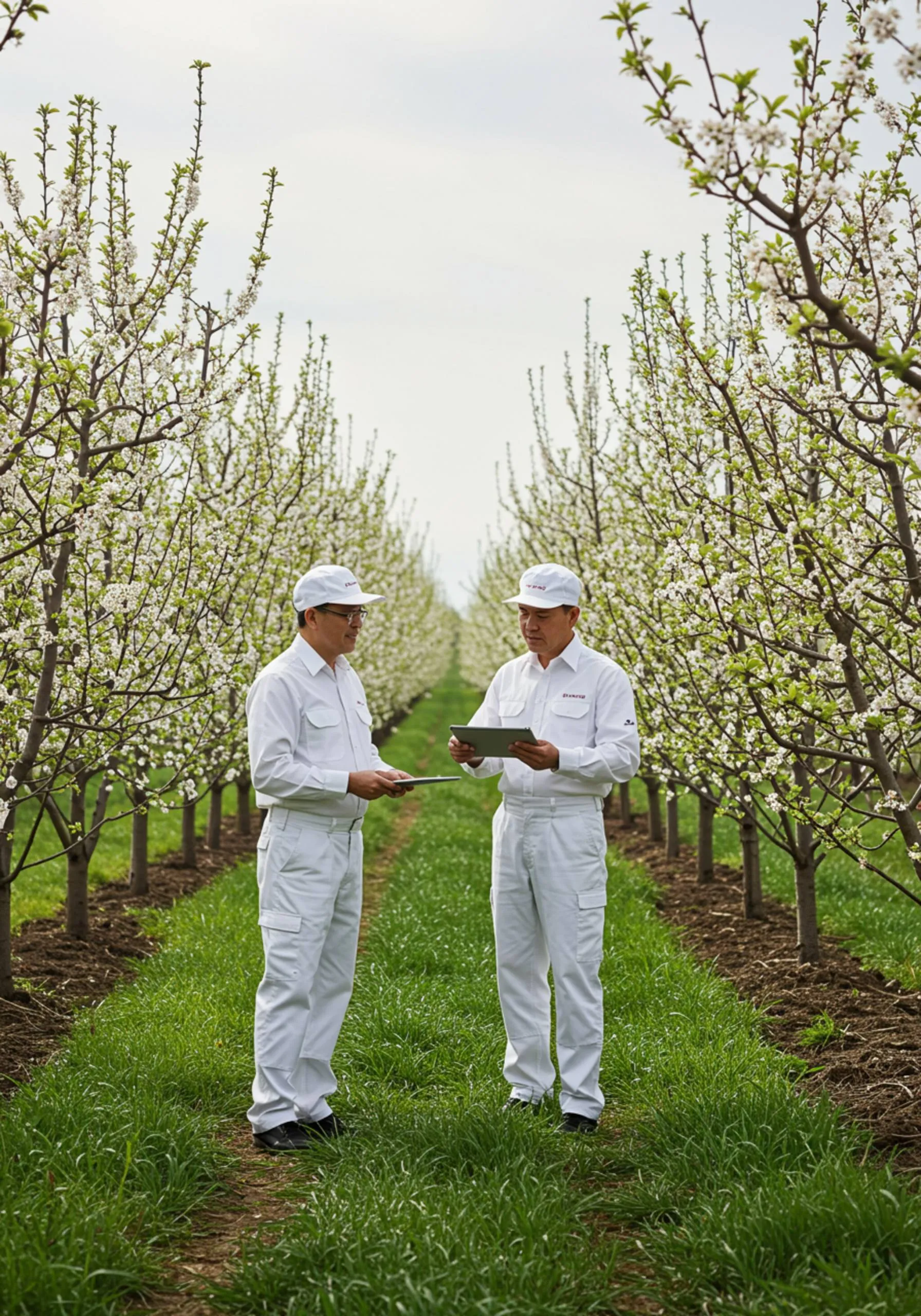imagen18 "Expertos agrícolas guiando trabajadores en una granja primaveral con árboles frutales en flor y un tablet que muestra 'Grasp spring', destacando la gestión de calidad sostenible."