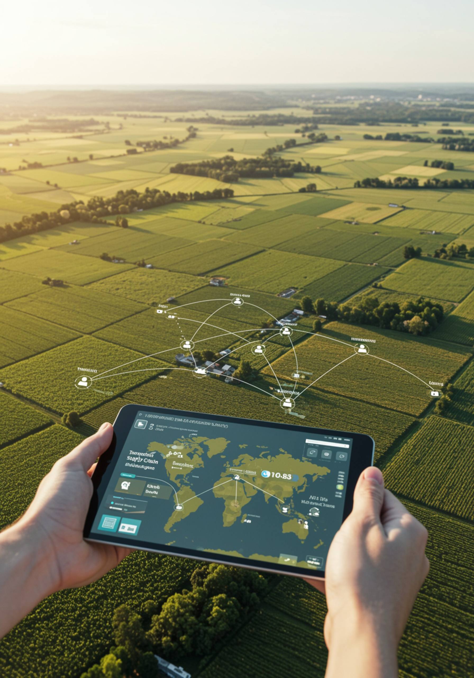 "Ilustración digital de una tablet en mano blanca mostrando un mapa interactivo de la cadena de suministro sobre campos agrícolas, con nodos conectados que resaltan puntos de granja, transporte y almacenamiento para una trazabilidad efectiva."