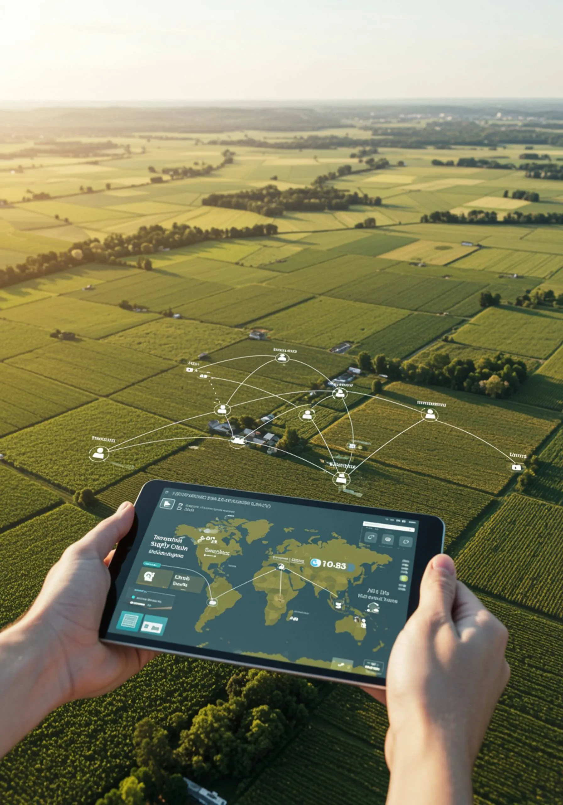 imagen19 "Ilustración digital de una tablet en mano blanca mostrando un mapa interactivo de la cadena de suministro sobre campos agrícolas, con nodos conectados que resaltan puntos de granja, transporte y almacenamiento para una trazabilidad efectiva."