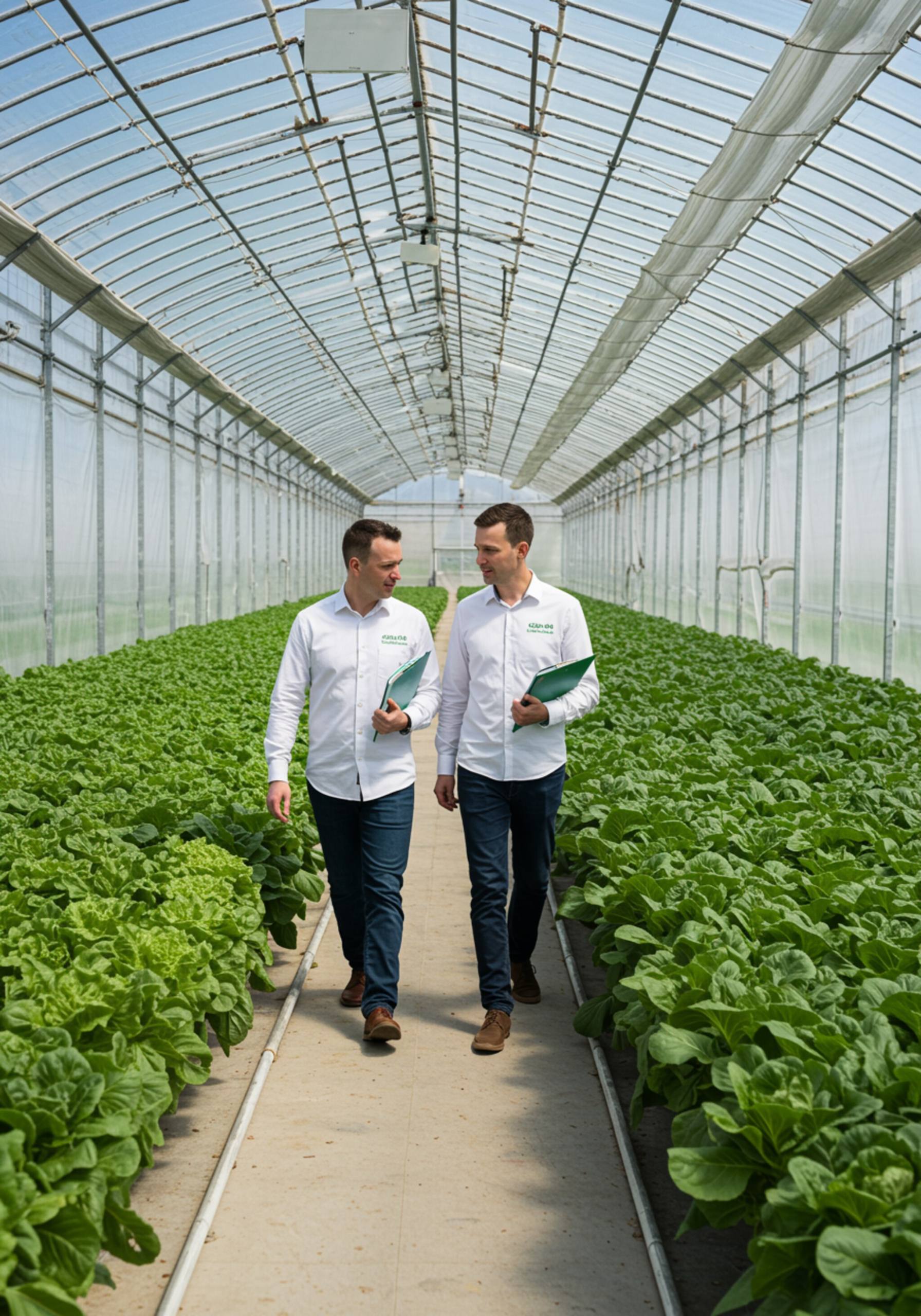 "Consultores de agronomía en invernadero revisando plantas vegetales con certificación GLOBALG.A.P., en un entorno luminoso y profesional."