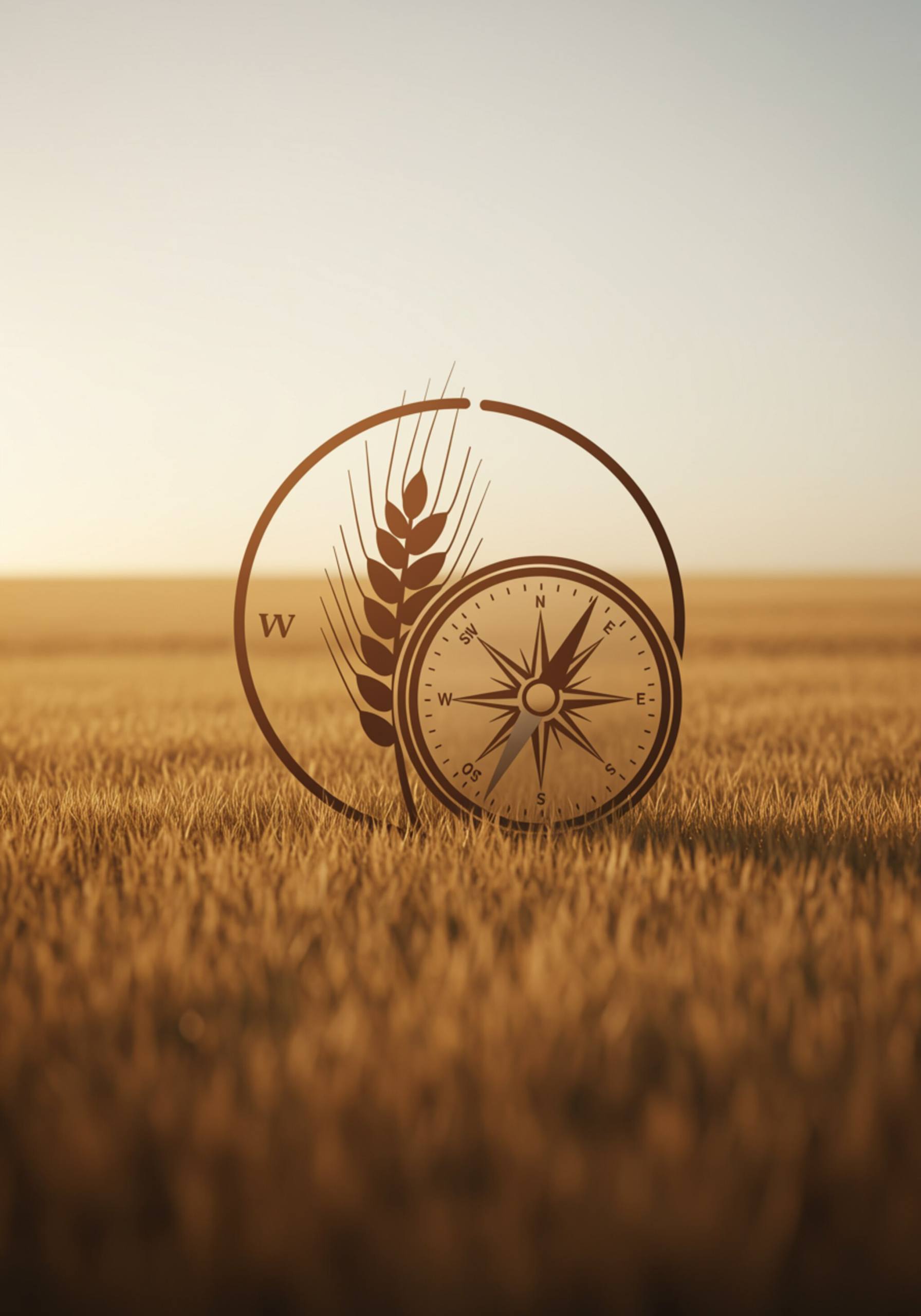 "Ícono estilizado de experiencia en el sector agroalimentario con brújula antigua y espiga de trigo en tonos tierra, simbolizando conocimiento y guía."
