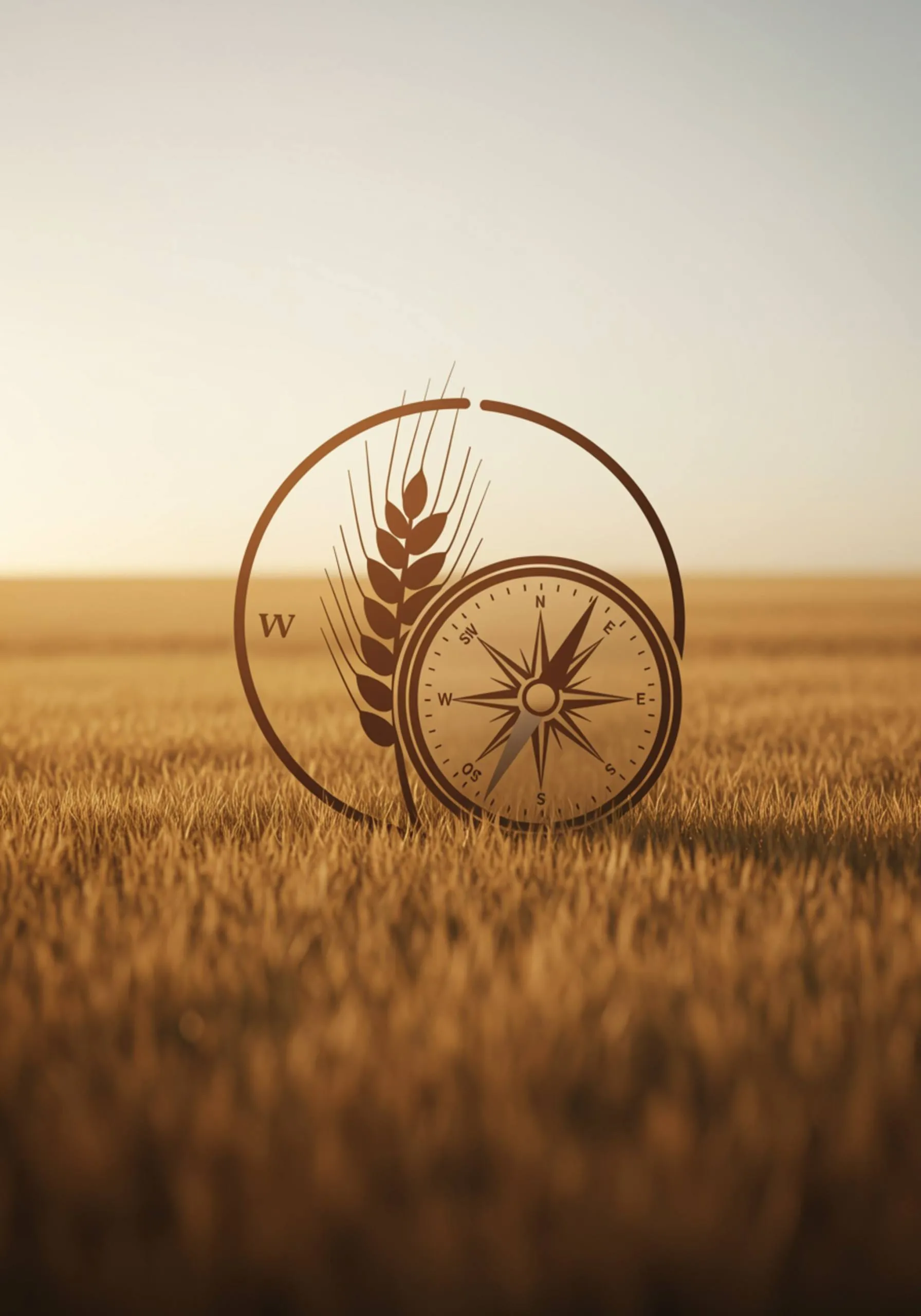 imagen23 "Ícono estilizado de experiencia en el sector agroalimentario con brújula antigua y espiga de trigo en tonos tierra, simbolizando conocimiento y guía."