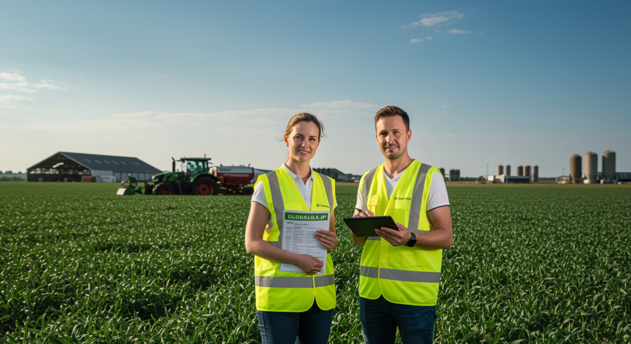"Consultores agrícolas en un campo verde con vestimenta profesional, tablet y manual GLOBALG.A.P., reflejando compromiso con estándares de calidad agroalimentaria."