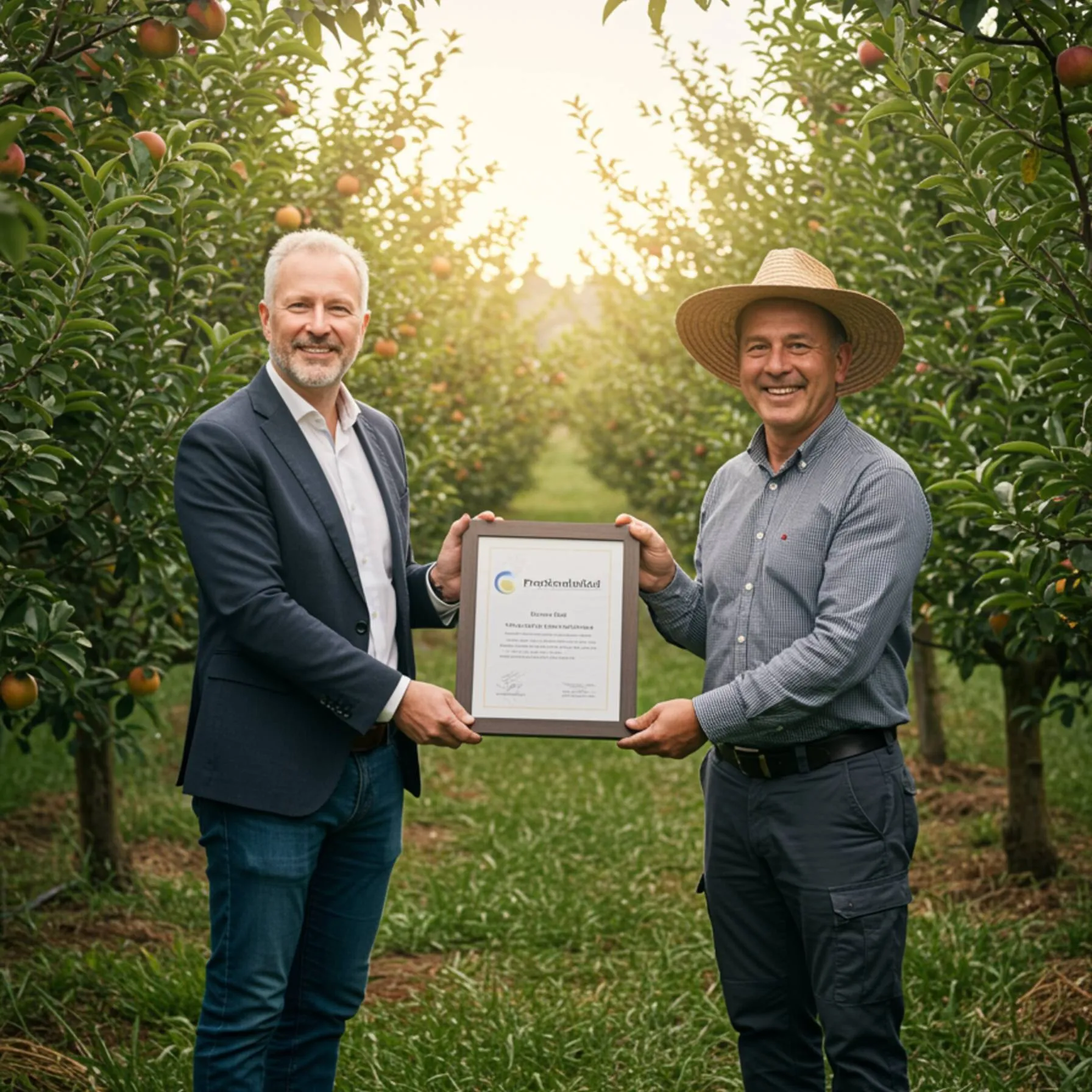 "Consultor de negocios entrega un certificado de profesionalidad a un agricultor sonriente en un huerto bien cuidado, reflejando logros y cumplimiento de calidad."