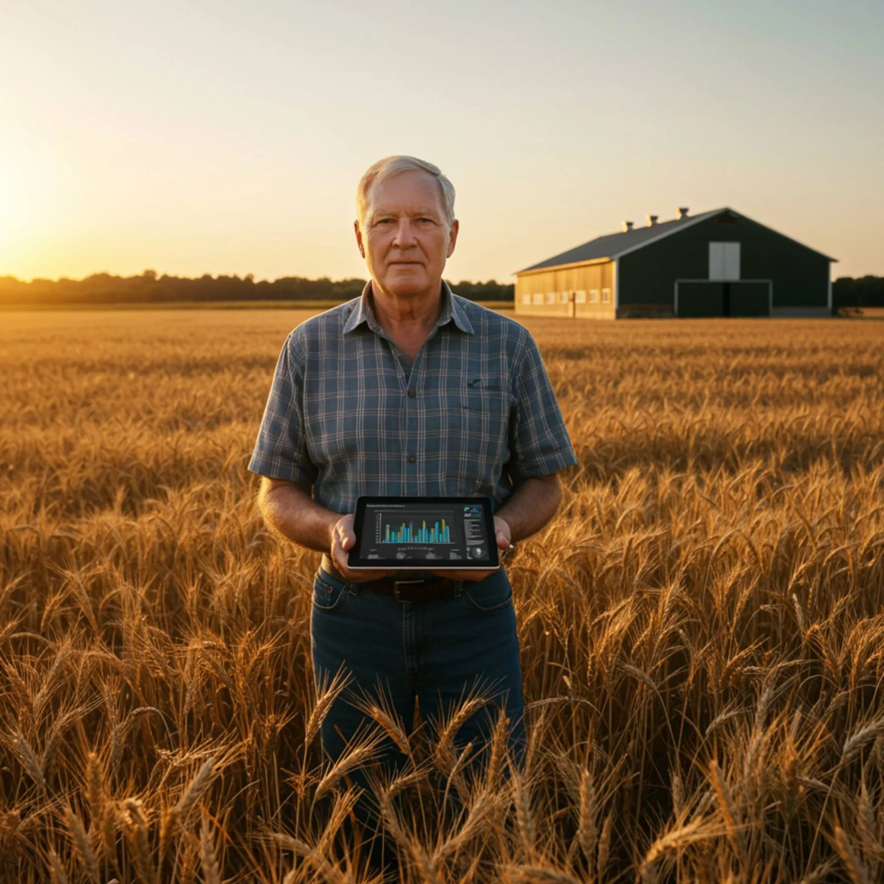 "Granjero experimentado en un campo de trigo dorado al atardecer, sosteniendo una tablet con datos de producción, simbolizando confianza y experiencia en la agricultura moderna."