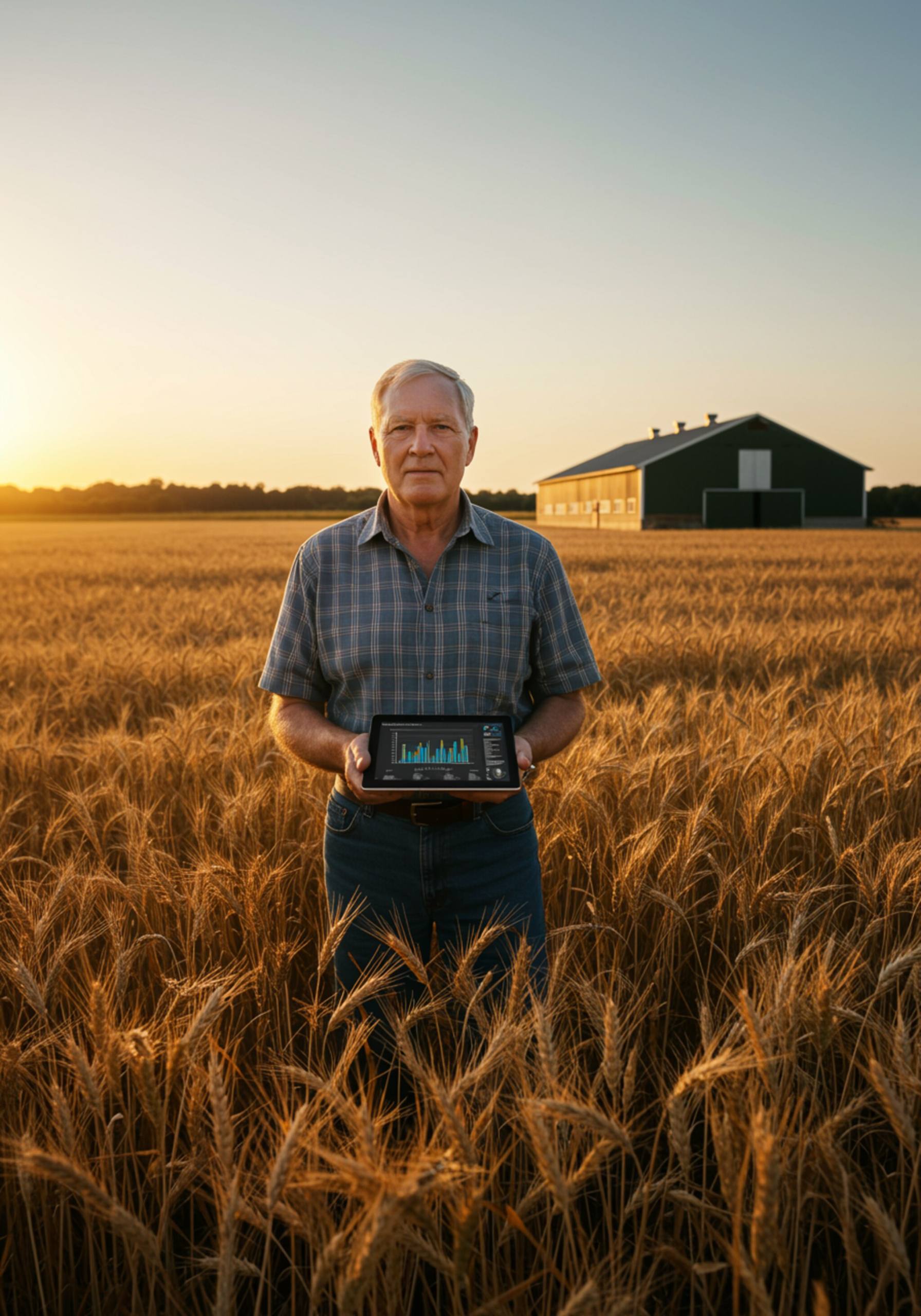 "Granjero experimentado en un campo de trigo dorado al atardecer, sosteniendo una tablet con datos de producción, simbolizando confianza y experiencia en la agricultura moderna."